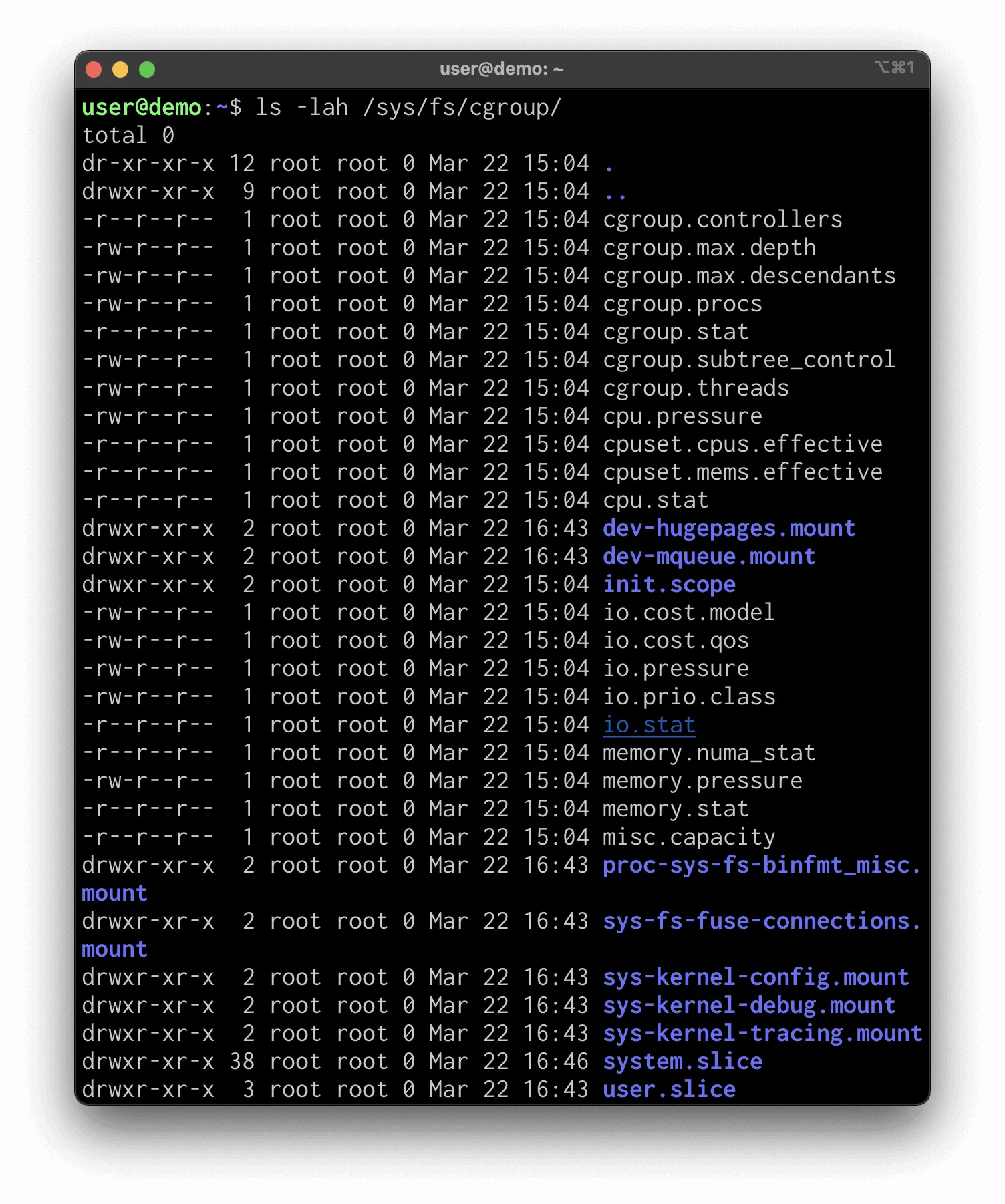 ls -lah /sys/fs/cgroup showing cgroup.controllers, cpu.stat, memory.pressure, io.stat, system.slice, user.slice and more