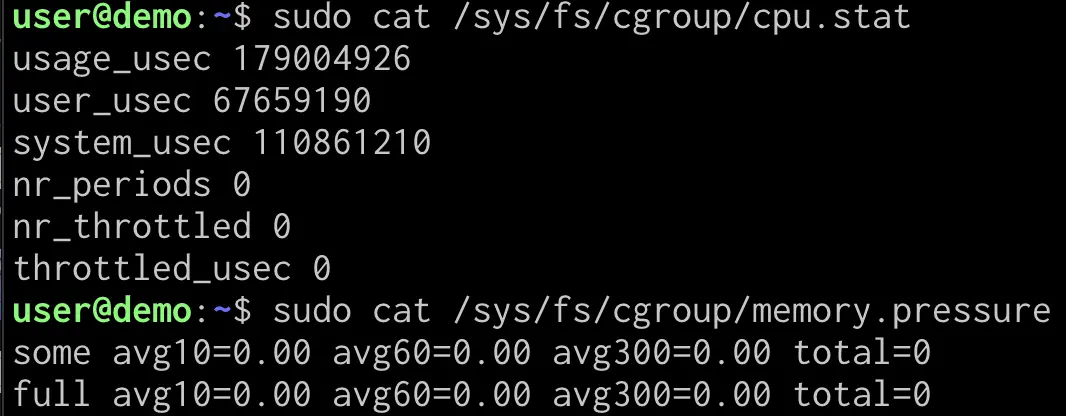 cat /sys/fs/cgroup/cpu.stat and memory.pressure showing CPU usage and memory pressure counters